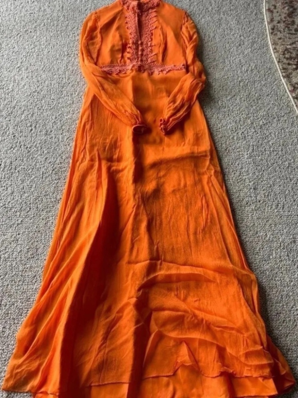 Vintage 70s Orange Prairie Maxi Dress Boho Cottagecore Lace Glam Ren Fair XS - Picture 2 of 16